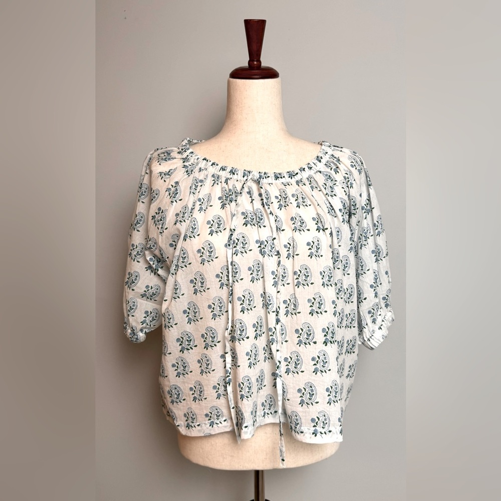 ZZ cotton blouse, 3/4 sleeve, floral pattern, blue and white